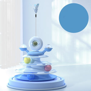 Cat toy with dark blue top and colorful tiers