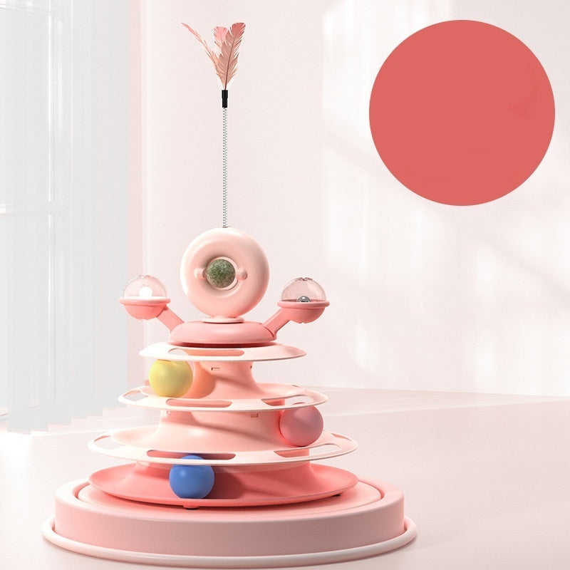 Pink cat toy with multiple levels and a feather
