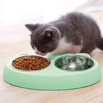 Raised dog food and water bowls